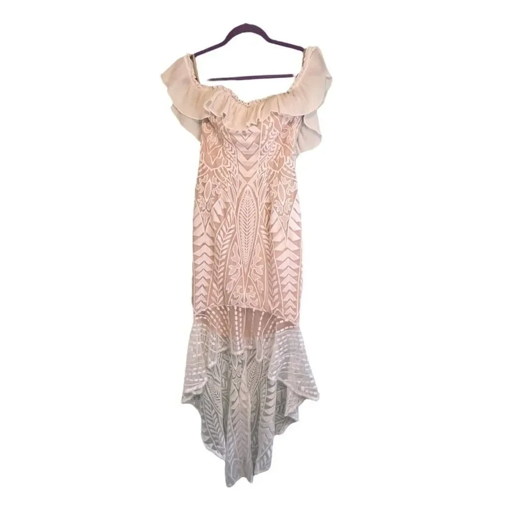 Selfie Leslie Dreamy Off The Shoulder Dress Ivory Tan Lace High Low Ruffle S - Picture 4 of 13